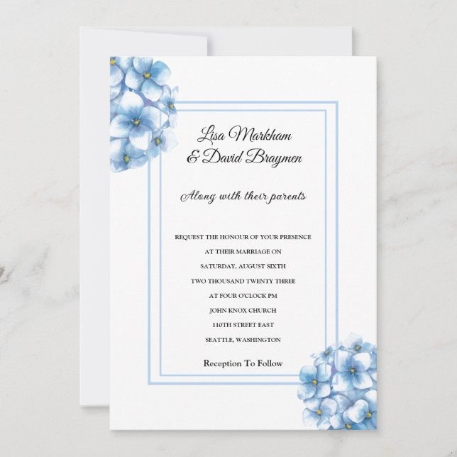 Invitation faire-part de mariage-Blue Hydrangeas (Devant)