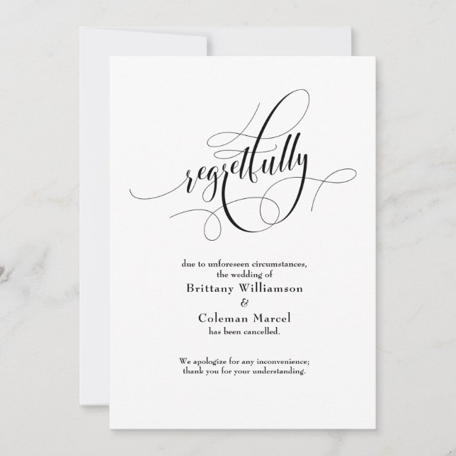 Invitation Faire part de mariage élégamment annulé avec regre (Devant)