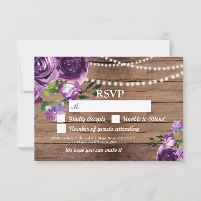 Invitation Faire part de mariage en bois avec fleurs violette (Devant)