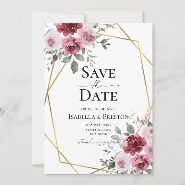 Invitation Faire part de mariage floral bordeaux Rose Poussié (Devant)