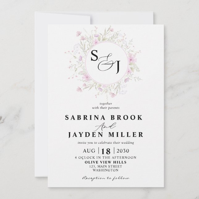 Invitation Faire part de mariage floral sauvage rose pastel (Devant)