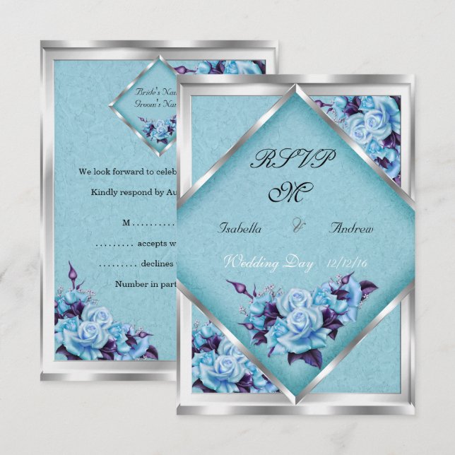 Invitation Faire part de mariage Teal Purple Roses Bouquet Ar (Devant / Derrière)