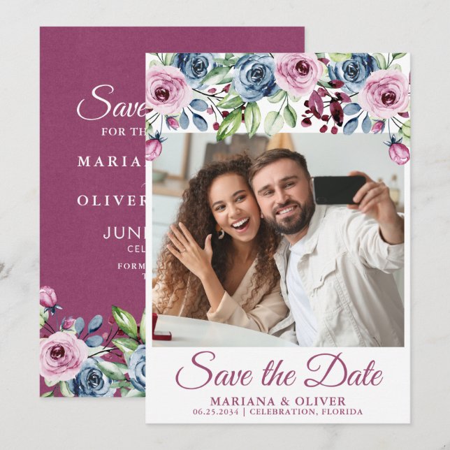 Invitation Faire part de photo de mariage bleu marine et flor (Devant / Derrière)