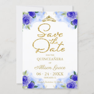 Invitation Faire part de Quinceanera floral bleu or