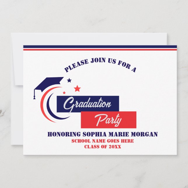Invitation Faire part de remise de diplôme bleu rouge blanc (Devant)