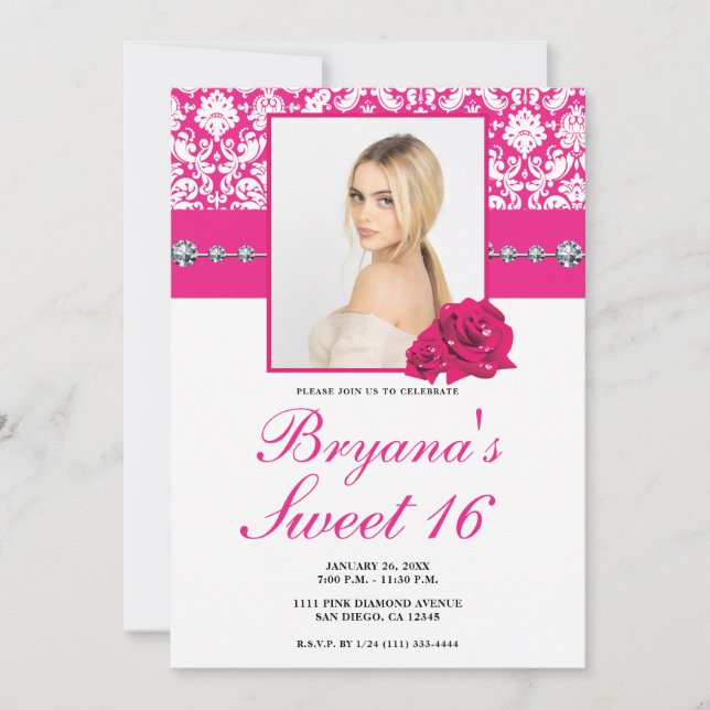 Invitation Faire part Roses roses et Damask Diamond Bling (Devant)