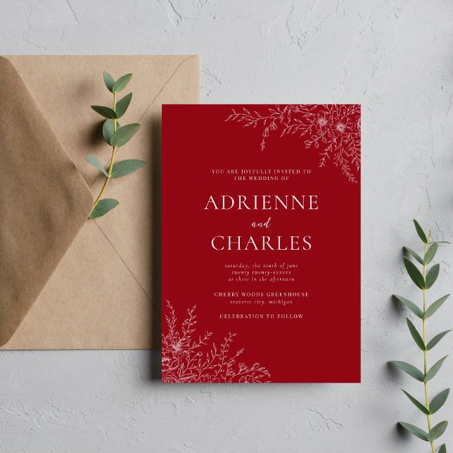 Invitation Faire Simple Floral 1 Mariage Rouge Cranberry Mini (Créateur téléchargé)