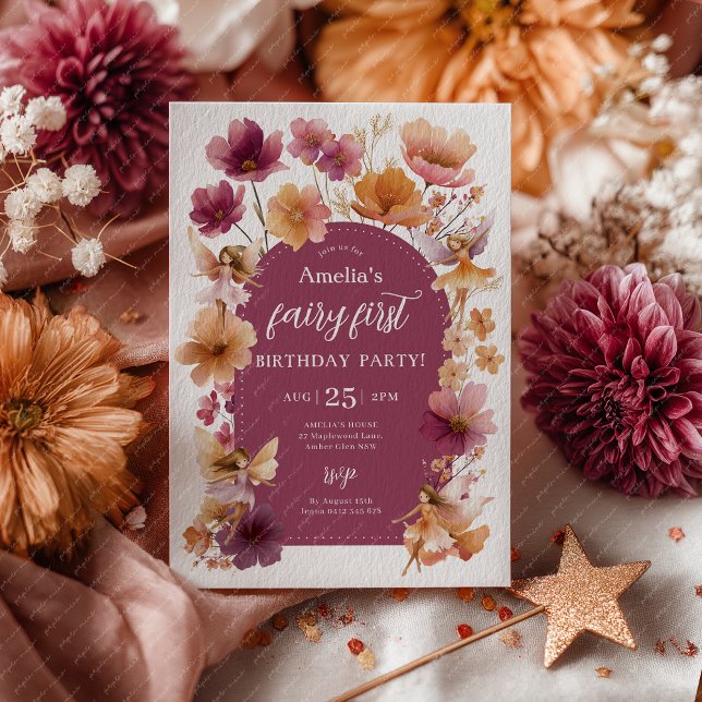 Invitation Fairy 1st Birthday Fairy Fall Burgundy Orange (Fairy First Invitation in fall colors Burgundy and Orange)