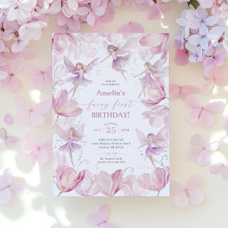 Invitation Fairy 1st Birthday Girls Fairy Party Pink Purple 