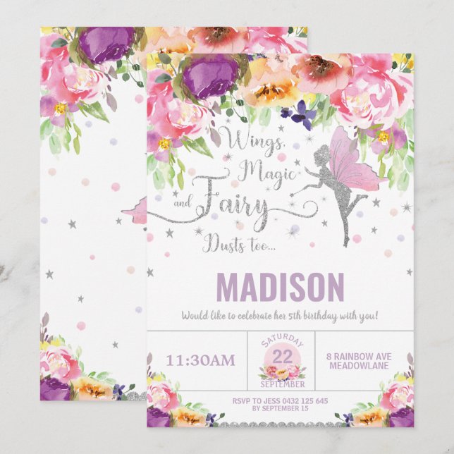 Invitation Fairy Birthday Purple Floral Silver Whimsical (Devant / Derrière)