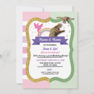 Invitation Fairy & Dinosaur Joint Garçon fille Anniversaire