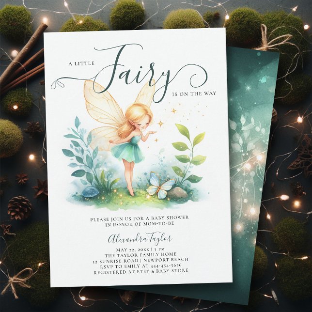 Invitation Fairy Enchanted Emerald Garden Baby Girl Douche (a little fairy girl baby shower invitation enchanted forest garden butterfly emerald gold classy)