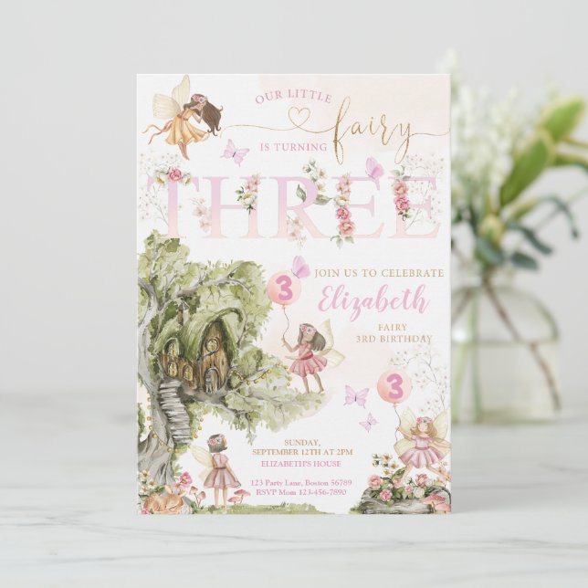 Invitation Fairy First Birday Forest Aquarelle (Debout devant)