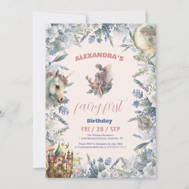 Invitation Fairy First Birday Forest Aquarelle (Devant)