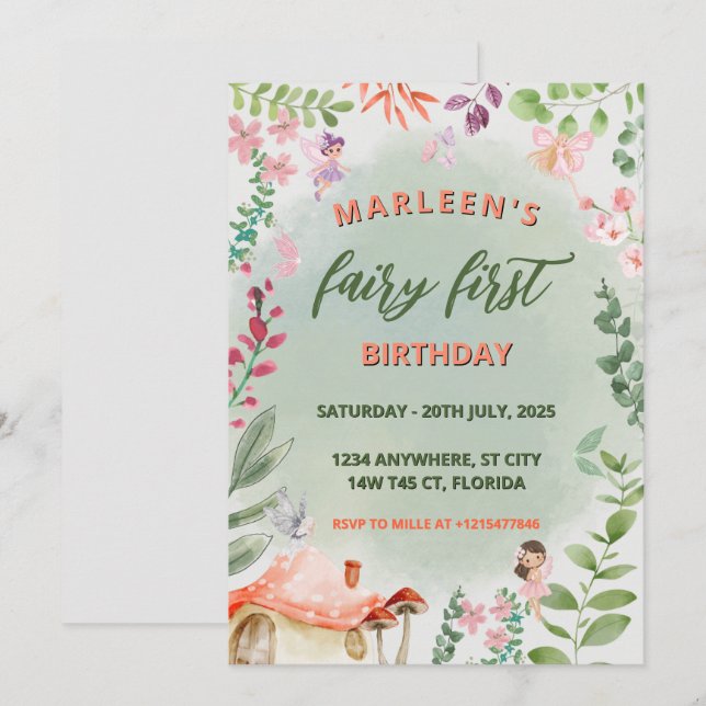 Invitation Fairy First Birday Forest Aquarelle Champagne (Devant / Derrière)