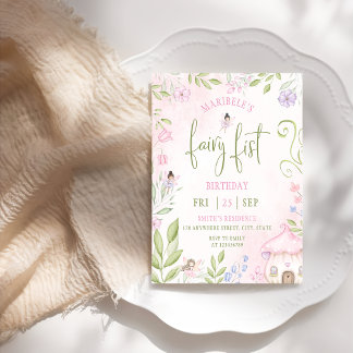 Invitation Fairy First Birday Forest Aquarelle Champagne