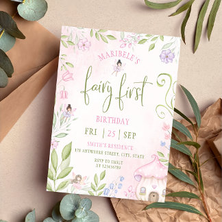Invitation Fairy First Birday Forest Aquarelle Champagne