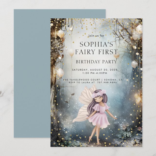 Invitation Fairy First Enchanted Forest Girl 1er anniversaire (Devant / Derrière)