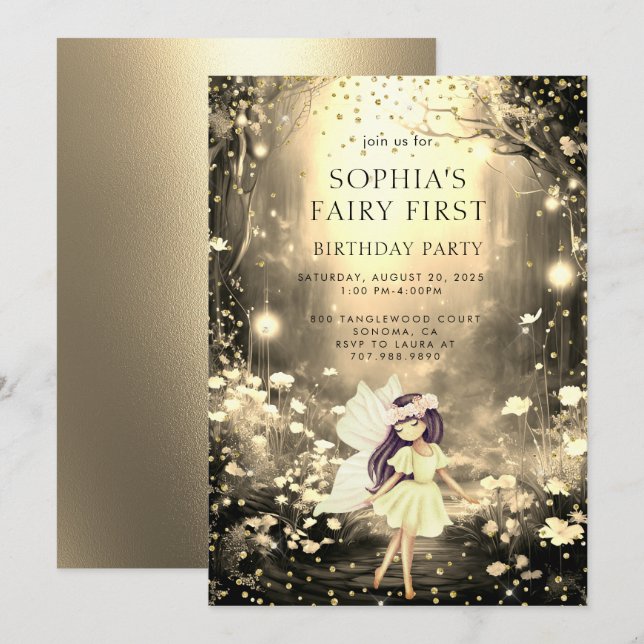 Invitation Fairy First Enchanted Forest Girl 1er anniversaire (Devant / Derrière)