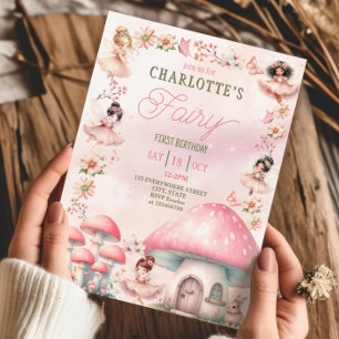 Invitation Fairy First Musroom House Rose Anniversaire