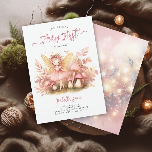 Invitation Fairy First Pink Gold Magical Girls 1er anniversai (fairy first girl birthday party invitation magical forest enchanted garden mushrooms pink gold)