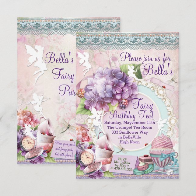 Invitation Fairy Garden Tea Party (Devant / Derrière)