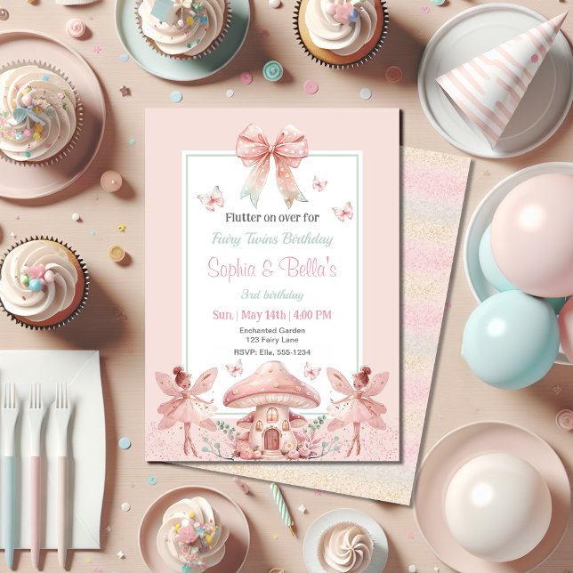 Invitation Fairy Girls Mushroom House Ribbon Twins Anniversai (Créateur téléchargé)