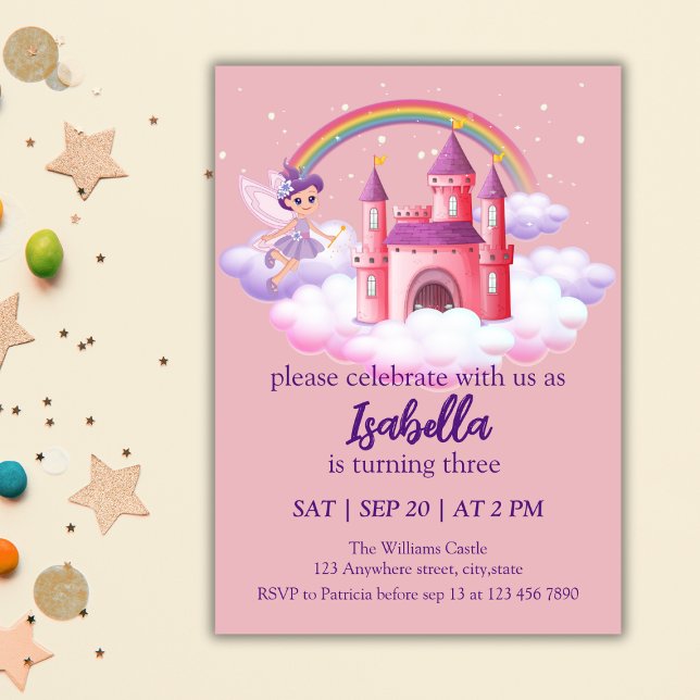Invitation Fairy Kid's Birthday Fairytale Castle Rainbow  (Créateur téléchargé)