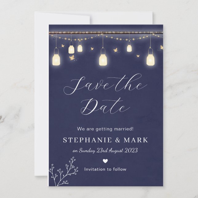 Invitation Fairy lights enregistrer la date, marine bleu mari (Devant)