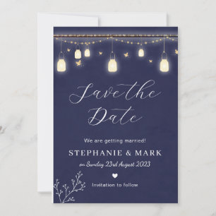 Invitation Fairy lights enregistrer la date, marine bleu mari