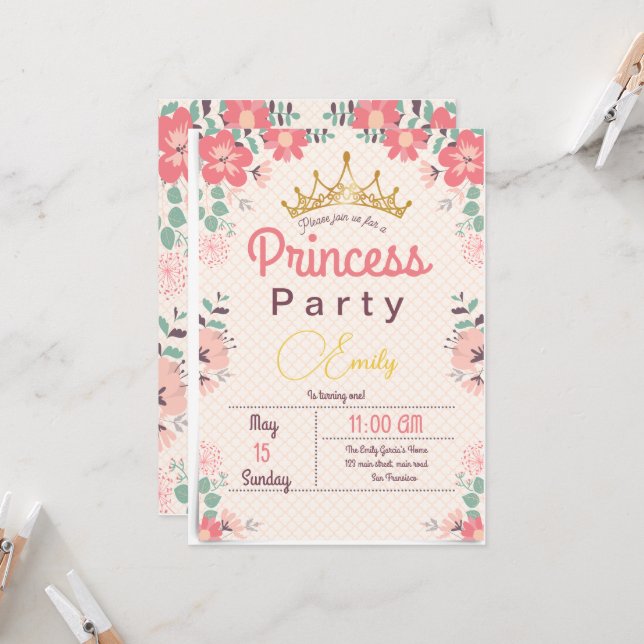 Invitation Fairy Princess 1er Anniversaire Floral Anniversair (Devant/Arrière en situation)