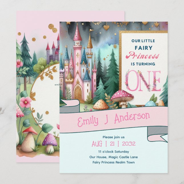 Invitation Fairy Princess 1er anniversaire ONE Pink Fairycore (Devant / Derrière)
