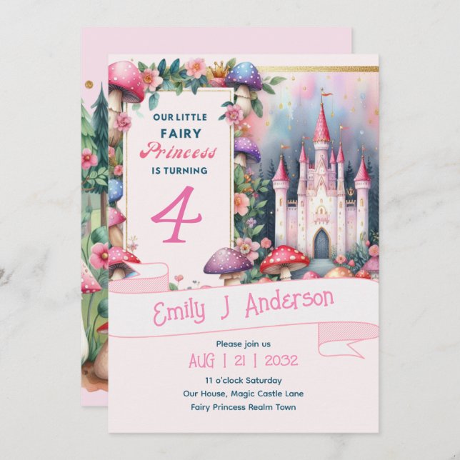 Invitation Fairy Princess fête d'anniversaire Pink Fairycore (Devant / Derrière)