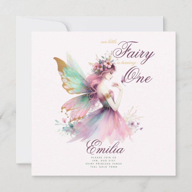 Invitation Fairy Princesse 1er anniversaire ou EDIT AGE Or Tu (Devant)