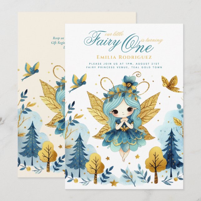 Invitation Fairy Princesse 1er anniversaire ou EDIT AGE Or Tu (Devant / Derrière)
