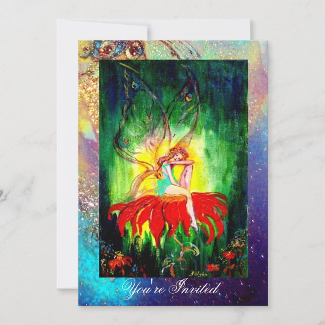 Invitation FAIRY RÊVER SUR UNE FLEURS ROUGE bleu jaune, vert (Devant)