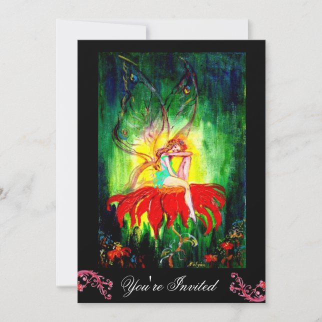 Invitation FAIRY RÊVER SUR UNE FLEURS ROUGE noir jaune vert (Devant)