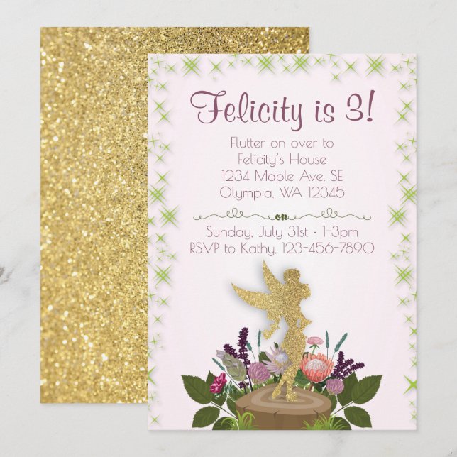 Invitation Fairy Sparkly Floral (Devant / Derrière)