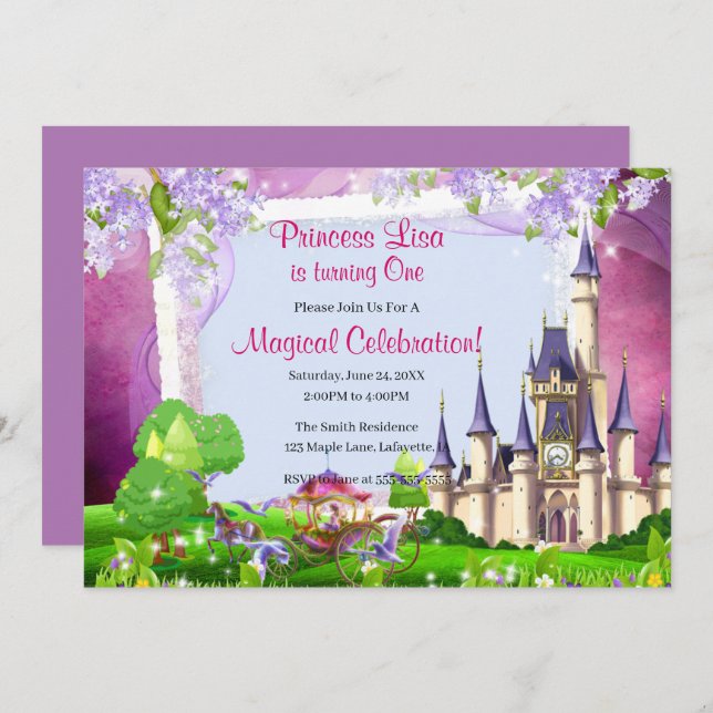 Invitation Fairy Tale Castle Princess (Devant / Derrière)