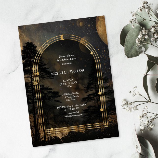 Invitation Fairy Tale Enchanted Forest Élégant Floral Bridal (dark enchanted forest with  gold moon and stars)