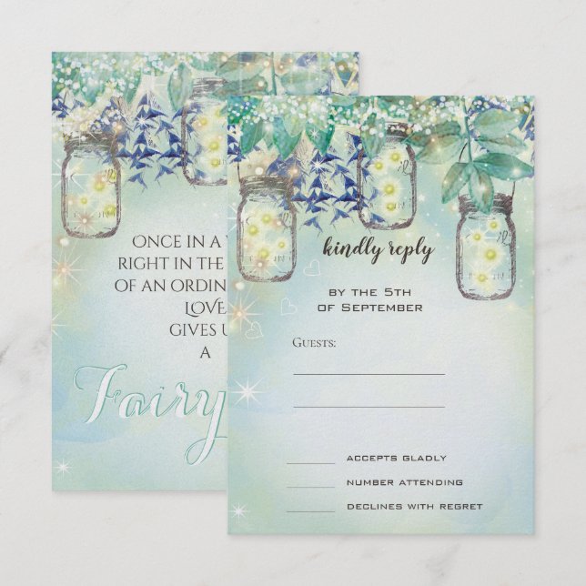 Invitation Fairy Tale Forest Blue Green Mason Jar Mariage (Devant / Derrière)