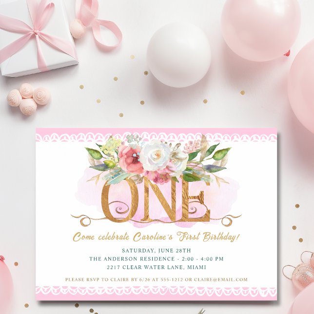 Invitation Fairy Tale Magique Floral Rose 1er Anniversaire (Créateur téléchargé)