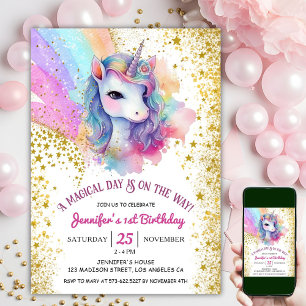 Invitation Fairy Unicorn 1er anniversaire   Arc-en-ciel Parti
