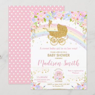 Invitation Fairy Vintage Pram Floral Gold Parties scintillant