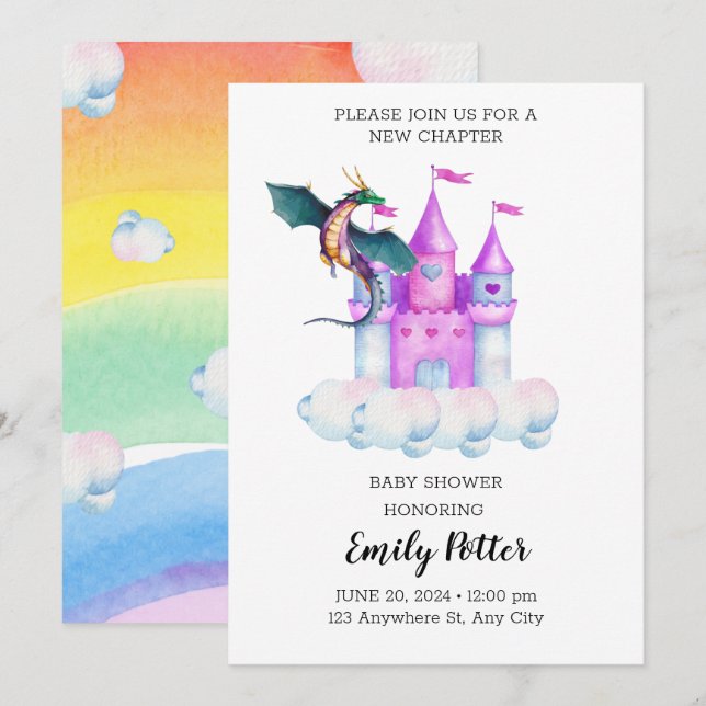 Invitation Fairytale Aquarelle Château Dragon Histoire magiqu (Devant / Derrière)