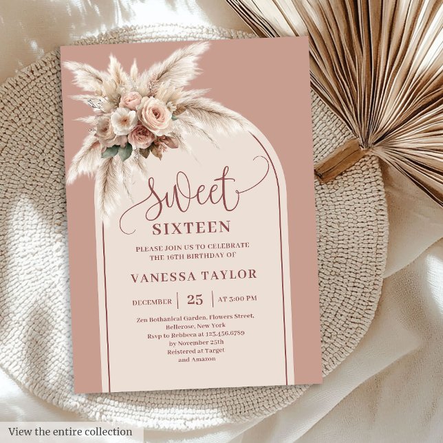 Invitation Fairytale Boho Dusty Pink Pampas Floral Arch 16th (Fairytale Boho Dusty Pink Pampas Floral Arch Sixteen

)