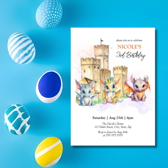 Invitation Fairytale Cute Baby Dragons Château Anniversaire (Créateur téléchargé)
