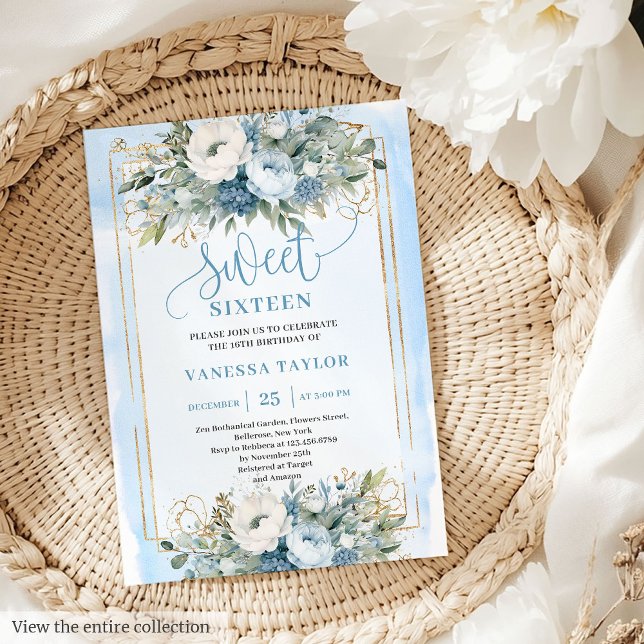 Invitation Fairytale Dusty Bleu Bleu Fleurs d'or doux 16 (Fairytale Dusty Blue White Gold Flowers Sweet 16 Invitation)