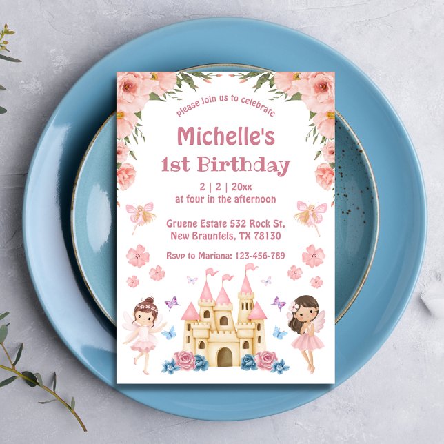 Invitation Fairytale et château rose floral 1er anniversaire (Créateur téléchargé)