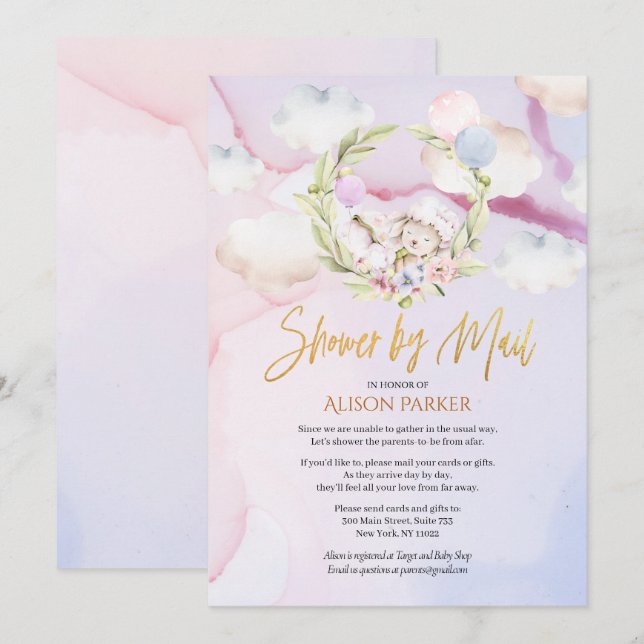 Invitation Fairytale Forest Rabbit rose | Baby shower par cou (Devant / Derrière)